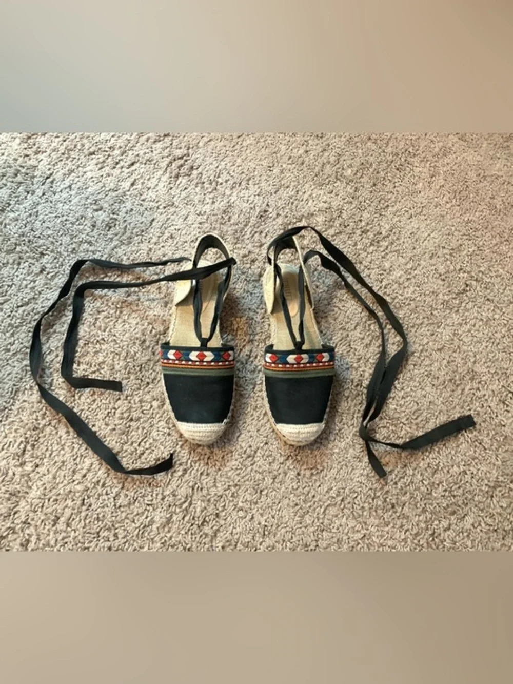 SCHUTZ Embroidered Lace Up Espadrilles Sandals Red Black